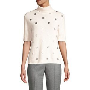 CLEARA- Piazza Sempione White & Silver Polka Dot Short Sleeve Turtleneck Sweater
